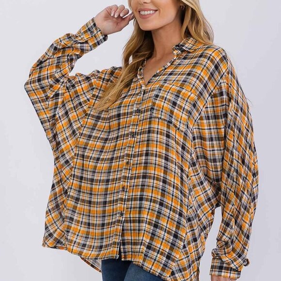 easel Tops - Easel oversized long sleeve button-down tunic plaid shirt NWT